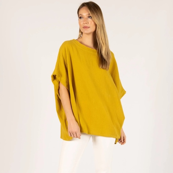 Joie Tops - Joie Sz L Oversized Gauze Mustard Tunic Blouse Cotton Short Sleeve V Neck